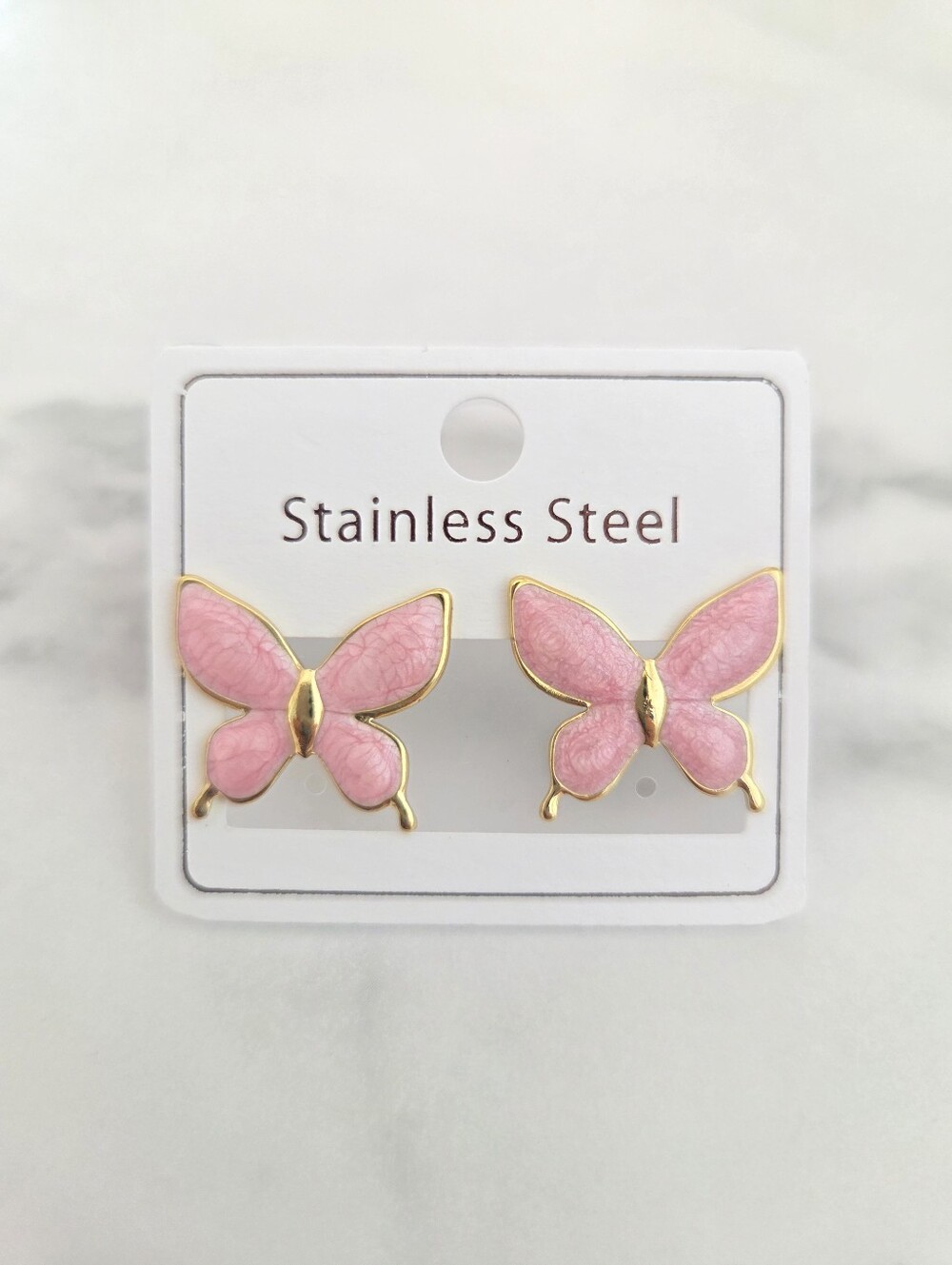 Pink Butterfly Stud Earrings Gold Plated Stainless Steel Enamel Coquette Jewelry - Picture 1 of 13